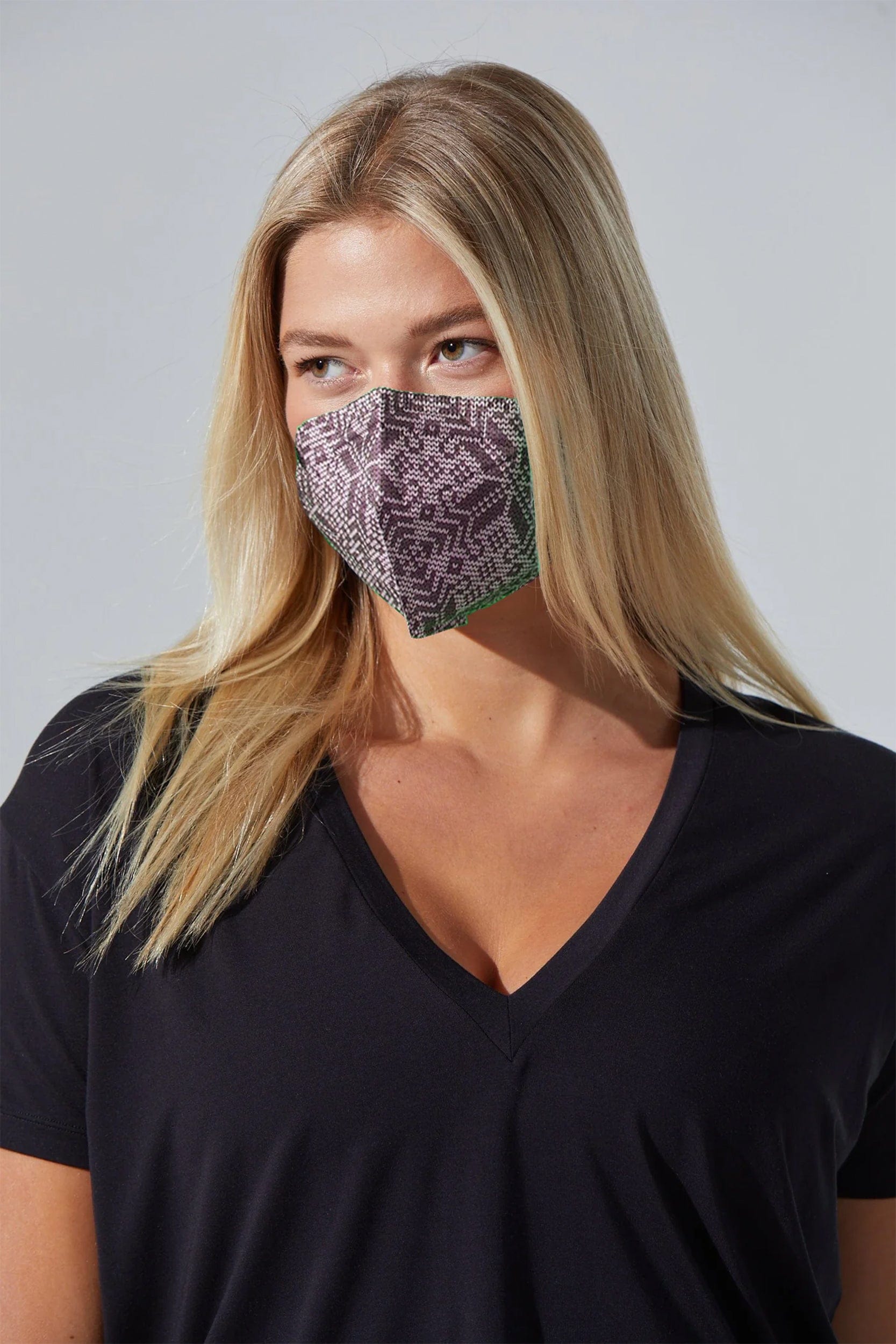 Woman wearing stylish Geometric Print KN95 face mask, with high quality breathable fabric. 