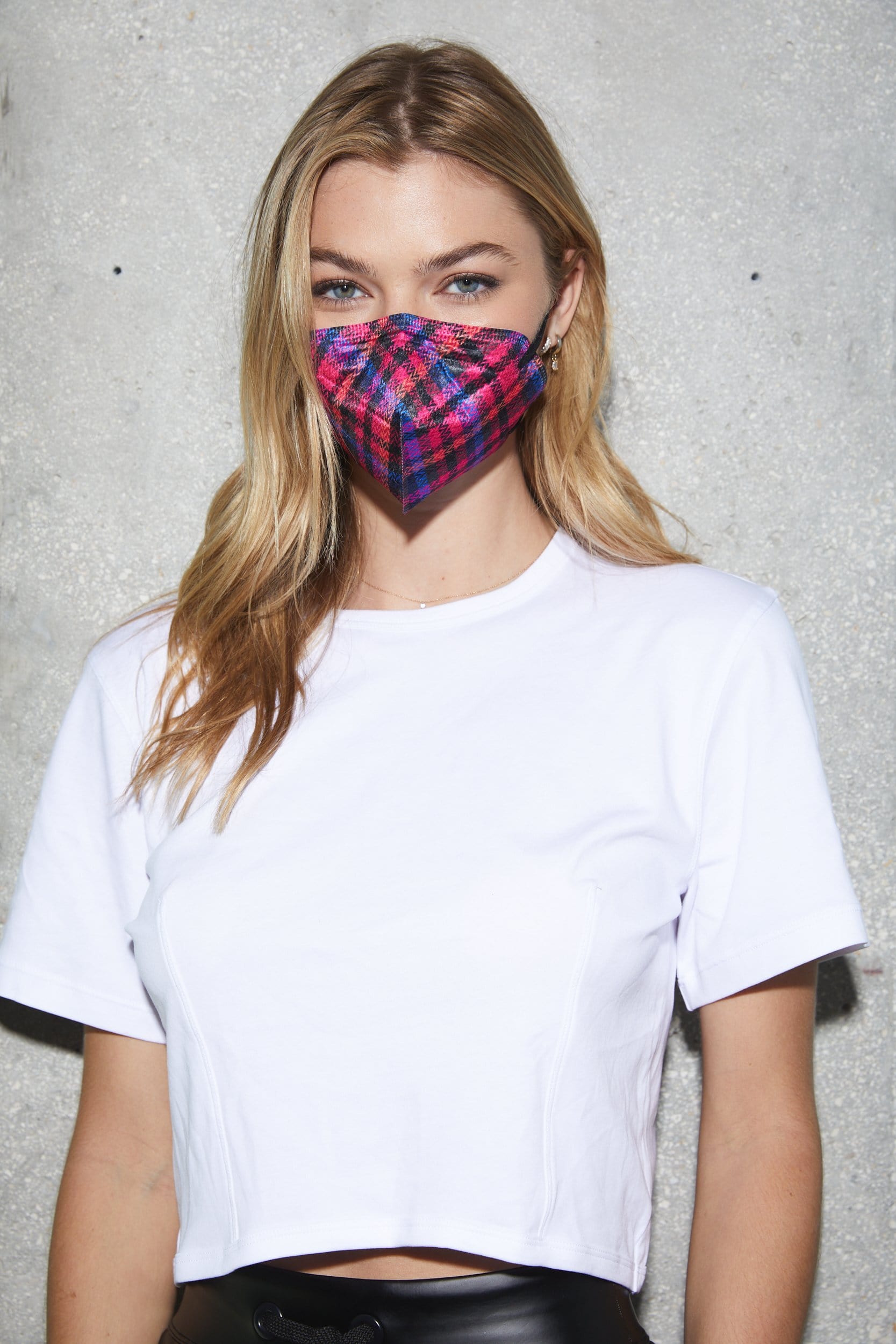 Model wearing the Berry Plaid KN95 Face Masks.